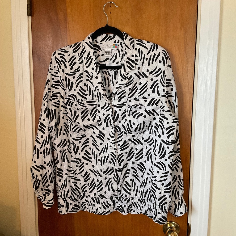 Vintage Claudia Barnes White Black Shimmery Silky Blouse Buttons Pullover Sz 10